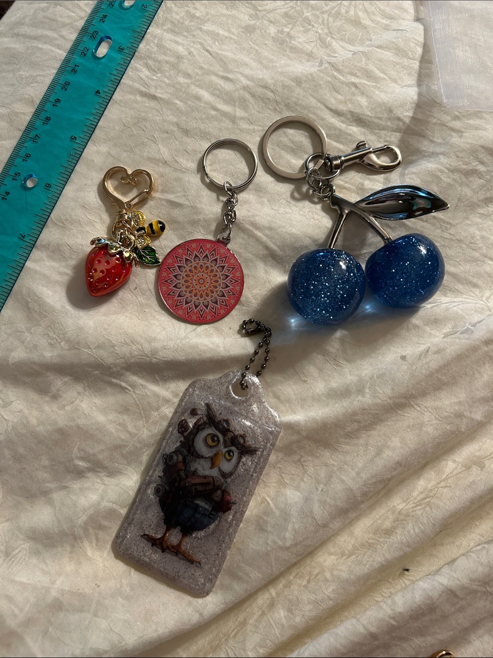 Mixed Charm Keychain Lot - Strawberry, Mandala, Blue Glitter Cherries & Owl Tag